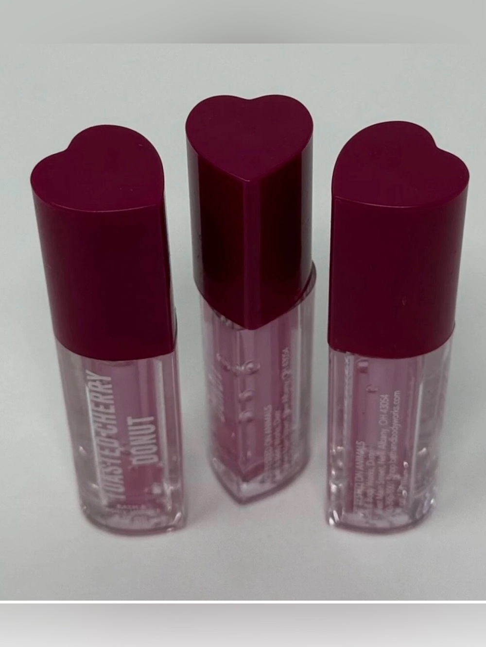3 NEW BATH & BODY WORKS TOASTED CHERRY DONUT LIP OIL GLOSS SHINE BALM WAND HEART